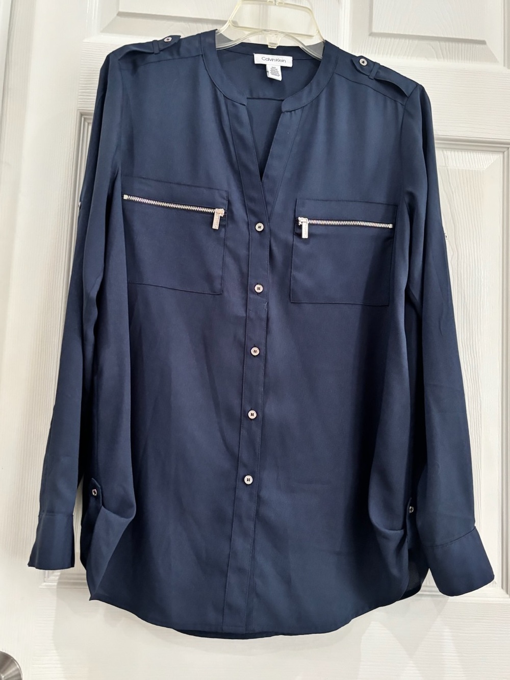 Calvin Klein Navy Button Down Round-Neck Blouse with Zippers